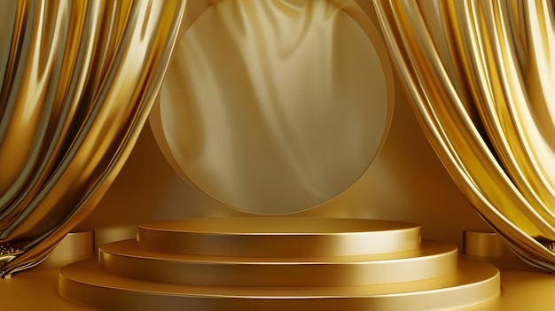 Exhibición de productos de tela de lujo de oro o pedestal de podio de elegancia en fondo dorado de belleza con abst