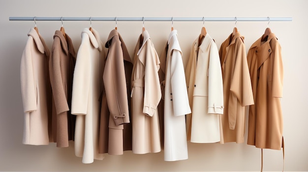 exhibición de ropa de abrigo de otoño en perchas sobre una pared blanca con chaquetas y abrigos abrigados en colores neutros