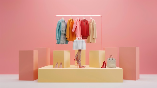 una exhibición de ropa y accesorios, incluido un maniquí