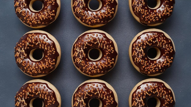 una exhibición de rosquillas con glaseado de chocolate y salpicaduras