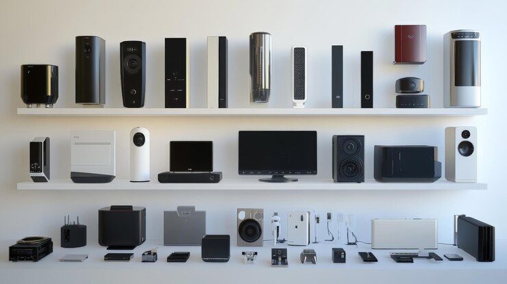 Foto exhibición de tecnología doméstica moderna con varios dispositivos de audio y visual en estantes contra un fondo de pared minimalista para entornos de estilo de vida contemporáneo