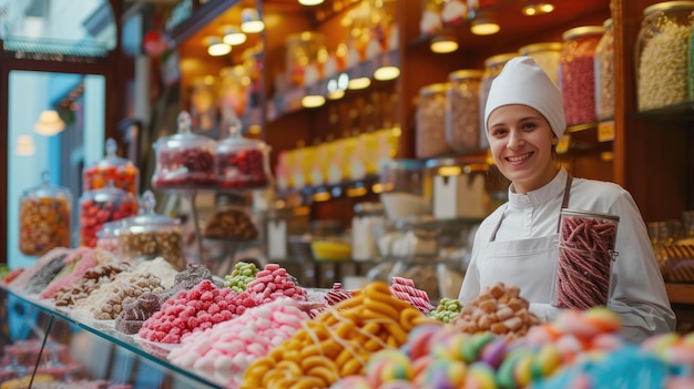 Exhibición de la tienda de dulces con una joven y alegre chef