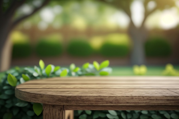 Exhibición vacía de la mesa de madera en el espacio verde de la copia del fondo del jardín borroso IA generativa