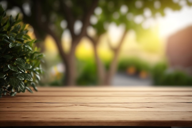 Exhibición vacía de la mesa de madera en el espacio verde de la copia del fondo del jardín borroso IA generativa