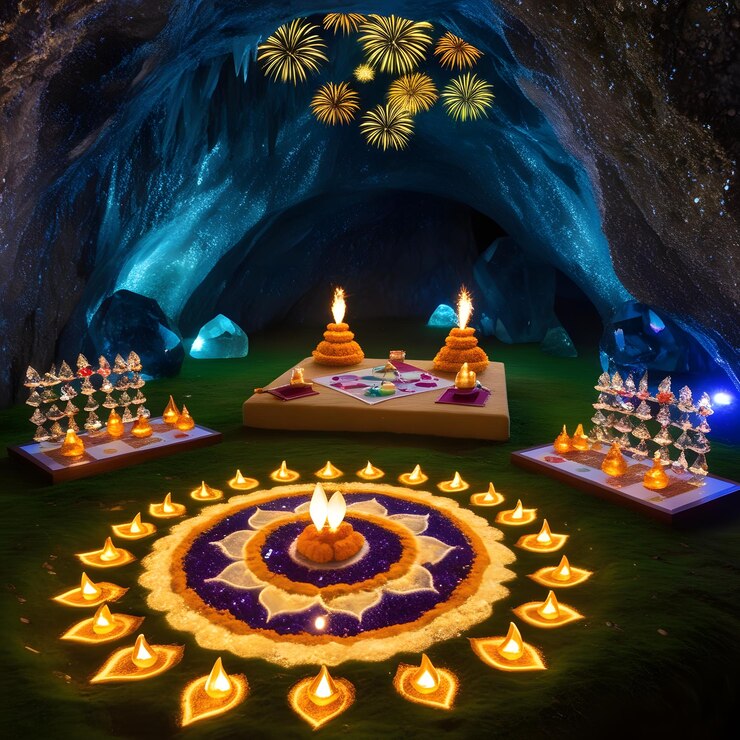 una exhibición de velas y flores en una cueva