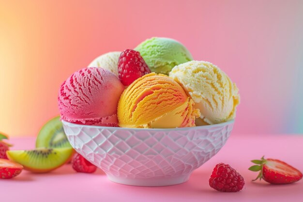 Exhibición de verano de gelato italiano tradicional con vibrantes sabores de frutas