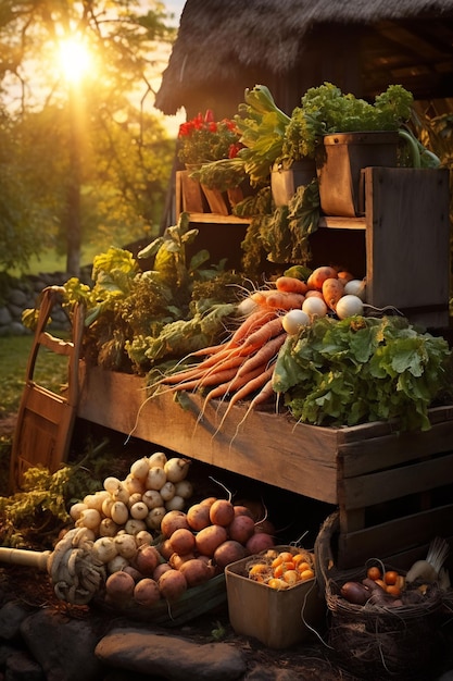 una exhibición de verduras, frutas y verduras en un jardín