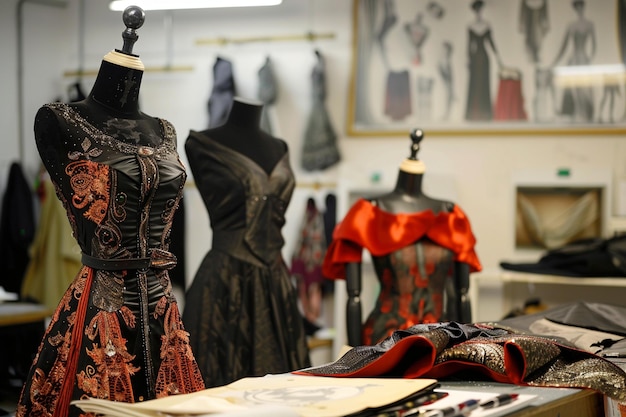 Foto una exhibición de vestidos negros con uno rojo y negro que dice la palabra en la parte superior