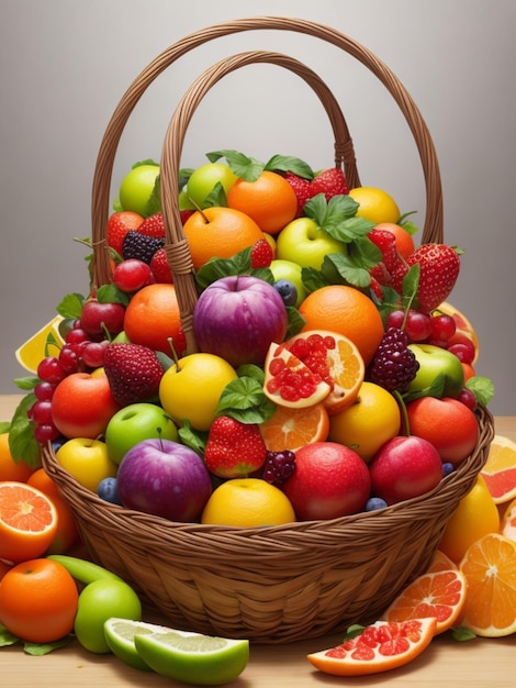 Foto una exhibición vibrante y colorida de varias frutas que se desbordan y se derraman de una canasta.