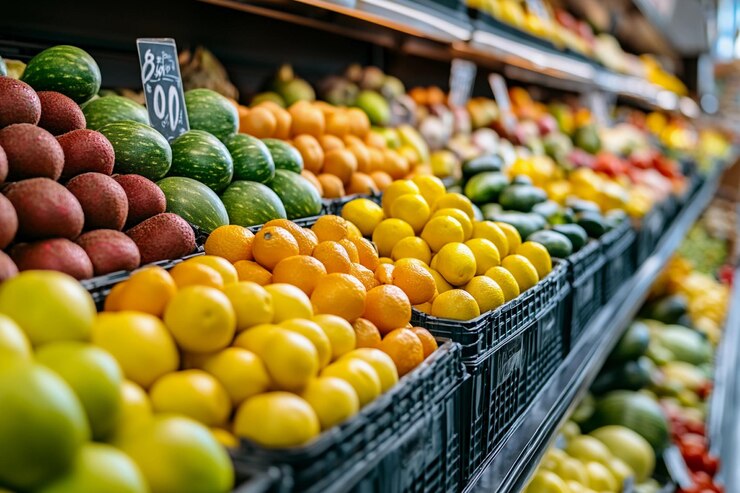 Exhibición vibrante de frutas frescas en una tienda de comestibles en una tarde soleada IA generativa