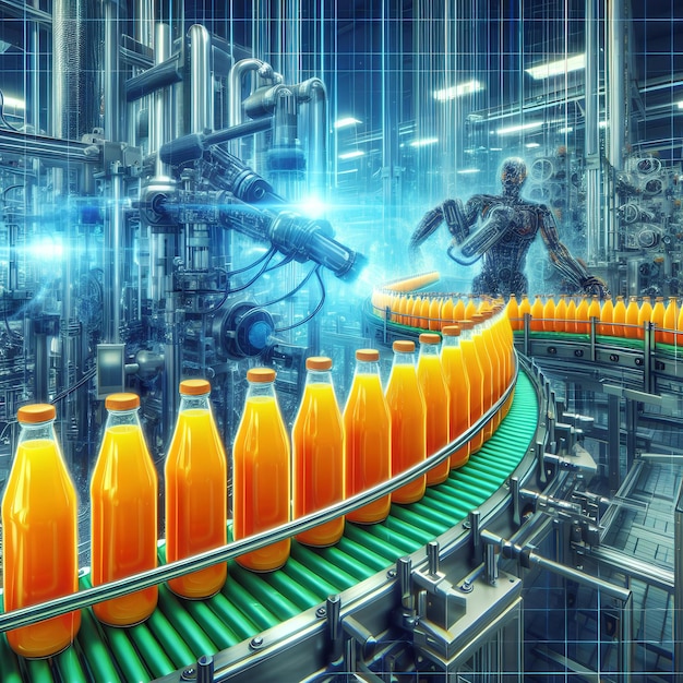 exhibición vívida de la automatización de la industria alimentaria con una corriente de botellas de jugo de naranja en el transportador de la fábrica