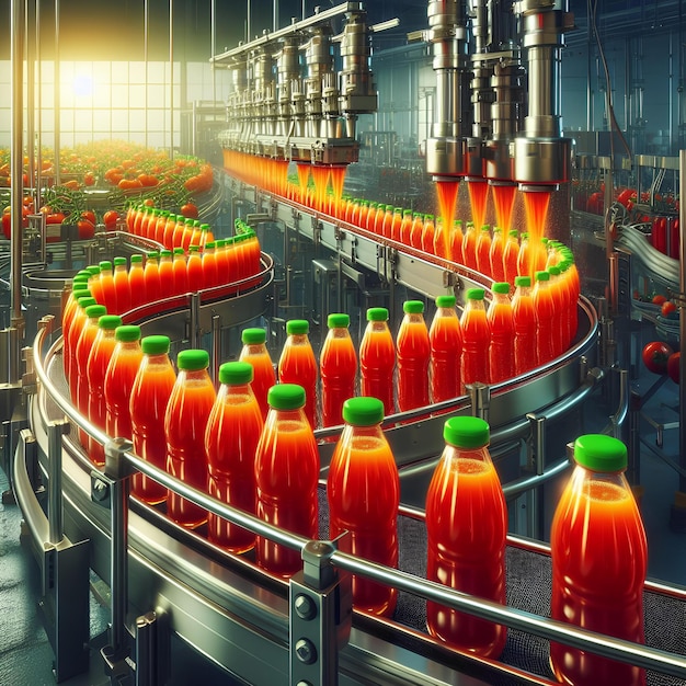 exhibición vívida de la automatización de la industria alimentaria con una corriente de botellas de jugo de tomate en el transportador de la fábrica