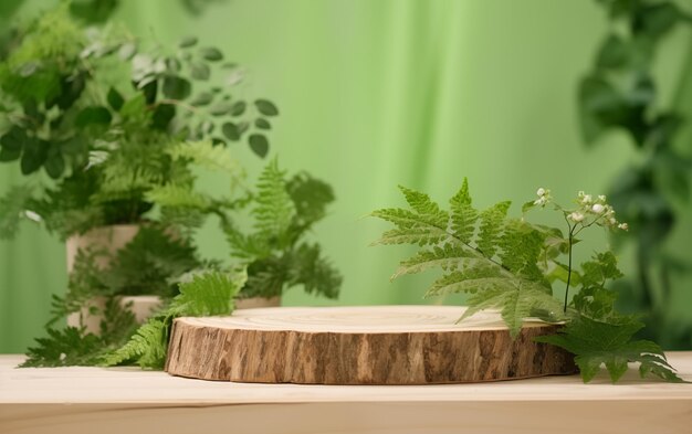 Exhibir la belleza de la naturaleza Un elegante podio de madera en medio de una exuberante vegetación para presentar productos orgánicos