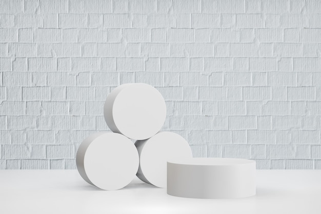 Exiba o estande de produtos, pódio de cilindro branco sobre fundo de tijolos de tinta branca. Ilustração de renderização 3D