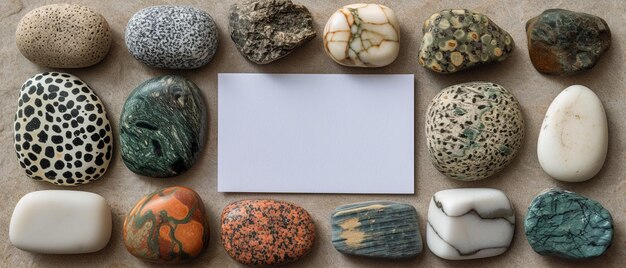 exibe uma coleção de várias pedras e rochas cuidadosamente dispostas em torno de um cartão branco em branco ou papel