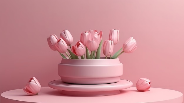 Exibição 3D pódio fundo de flor rosa pastel Flor de tulipa Generative Ai