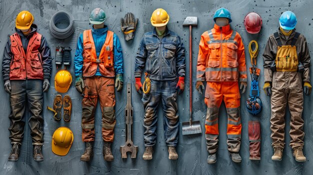 Foto exibição abrangente de uniformes e equipamentos de segurança para trabalhadores profissionais da construção