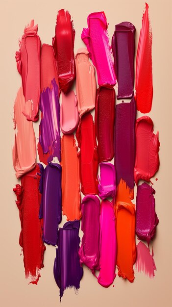 Exibição artística de várias manchas de batom em uma gama de tons vermelhos e cor-de-rosa criando uma vibrante