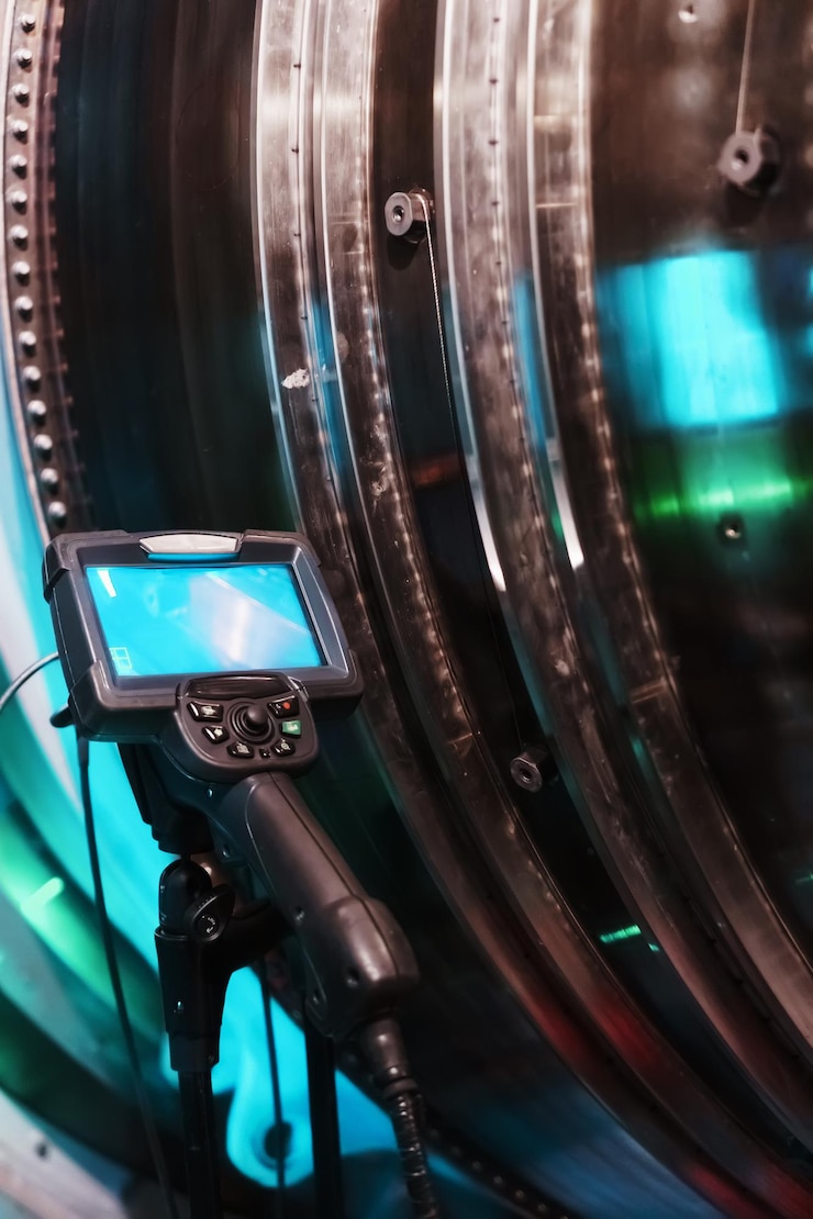 Foto exibição da câmera do boroscópio em um tripé localizado na turbina. inspeção das peças internas de um motor a jato. inspeção de lâminas e diafragma de componentes internos de um conjunto de turbina
