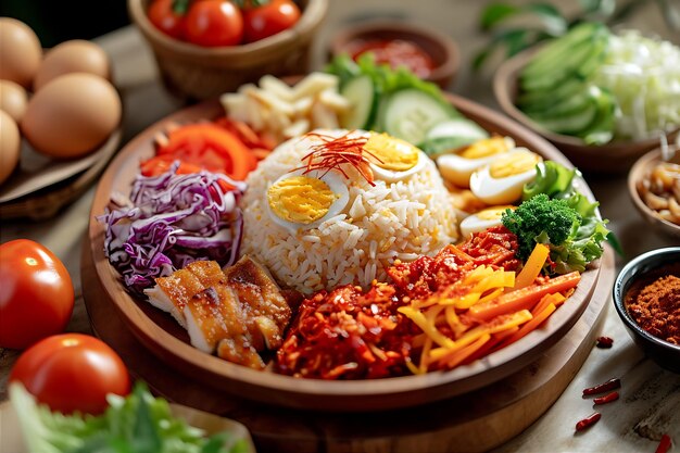 Foto exibição de arroz vibrante com salada de frango