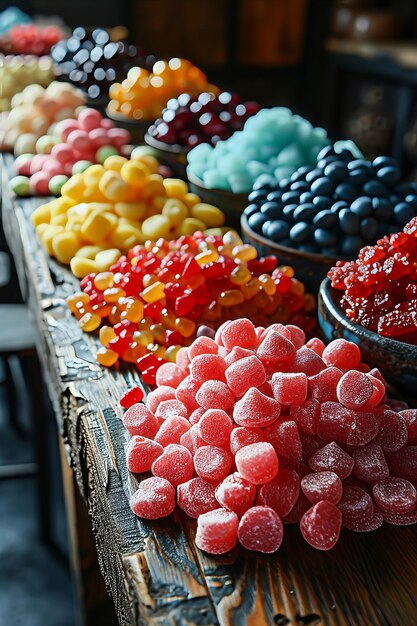 Foto exibição de bagas e frutas confitadas e açucaradas em confeitaria