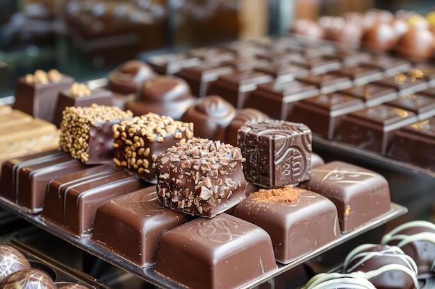 Exibição de chocolates gourmet variados em uma loja de doces Barras de chocolate feitas à mão com nozes e