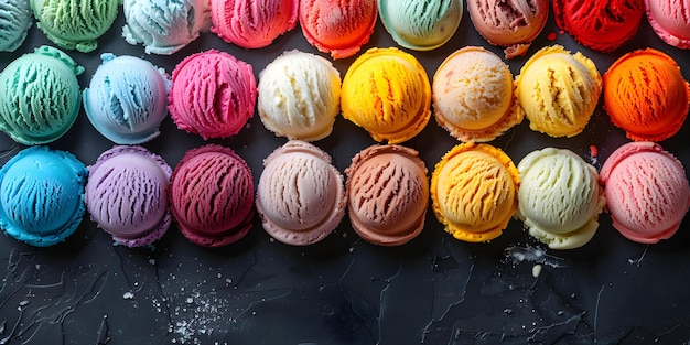 Exibição de colheres de sorvete coloridas em tela exibindo uma variedade de sabores tentadores conceito fotografia de comida cores vibrantes guloseimas doces arte de sorvete
