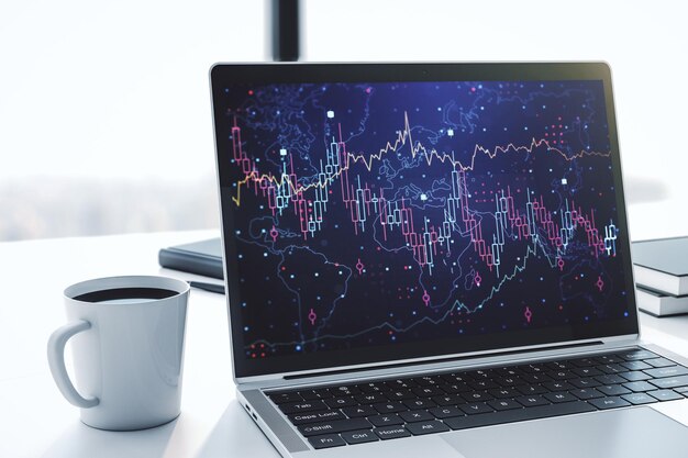 Exibição de computador moderno com gráfico financeiro abstrato, conceito financeiro e comercial, renderização em 3D