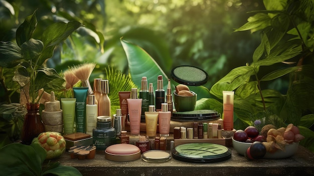 Foto exibição de cosméticos em uma plataforma de madeira foto realista
