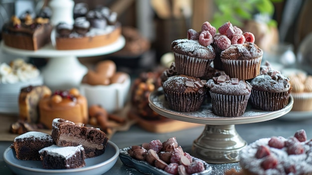 Exibição de cupcakes e sobremesas de chocolate elegantes