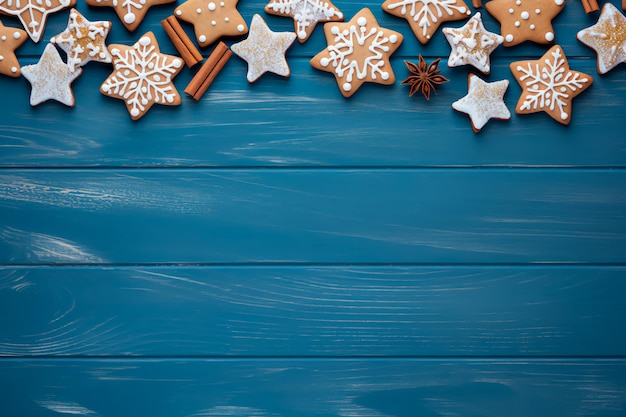Exibição de festas de biscoitos de pão de gengibre em um pano de fundo de madeira azul conjunto encantador