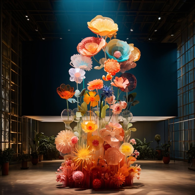 exibição de flores coloridas no estilo de camadas transparentes em uma instalação interna