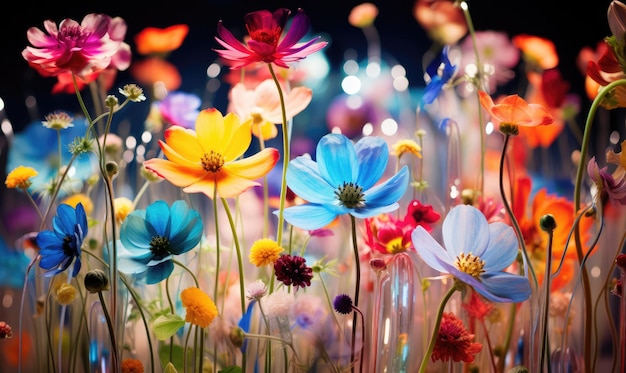 Exibição de flores silvestres exuberantes brilhando com vida em uma paisagem surreal AI Generative