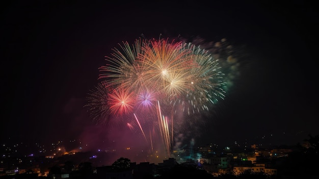 Exibição de fogos de artifício de Diwali iluminando o céu noturno com explosões de cores e luzes Celebração de foguetes