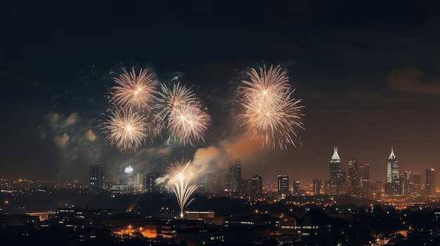 Exibição de fogos de artifício sobre o horizonte da cidade Fotografia panorâmica com explosões de luz iluminando