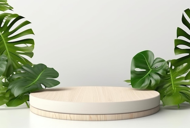 Exibição de madeira de pódio 3D com fundo branco com folha de palmeira monstera verde Generative AI