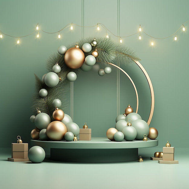 Exibição de Natal em pódio 3D Fundo verde Pastel Ornamento de Natal dourado em galho de árvore