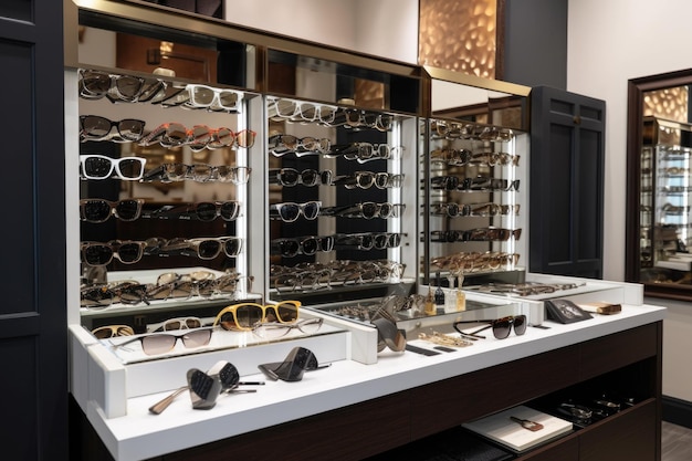 Exibição de óculos de sol e acessórios em loja de varejo sofisticada criada com IA generativa