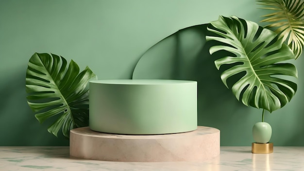 Exibição de pedestal 3D e rocha em monstera sombra de folha de palmeira exótica Fundo pastel verde
