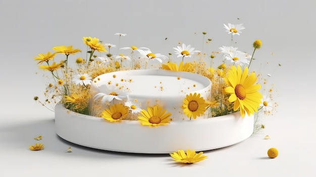 Exibição de pódio 3D com flores de margarida levitando em fundo branco Generative ai
