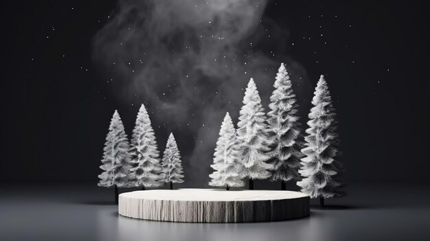 Foto exibição de pódio 3d fundo de árvore de natal de madeira para produto generative ai