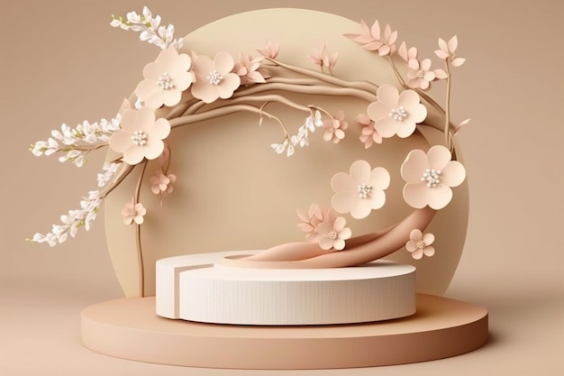 Exibição de pódio bege com ramo de árvore de flor rosa Sakura Cosmético ou promoção de produtos de beleza pedestal floral