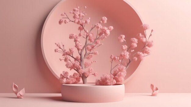 Exibição de pódio bege de fundo 3D Sakura flor rosa galho de árvore Generative Ai