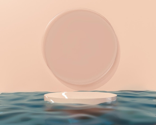 Exibição de pódio de fundo 3D na água Moldura de círculo de vidro pastel Renderização 3D de verão