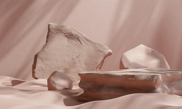 Exibição de pódio de pedra para apresentação do produto com sombra de fundo de folha Ilustração 3d de fundo cosméticox9