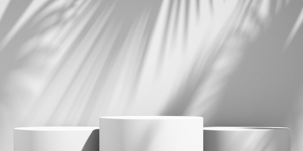 Exibição de pódio de produto branco 3D com fundo branco e sombra de árvore fundo de maquete de produto de verãoilustração de renderização em 3D