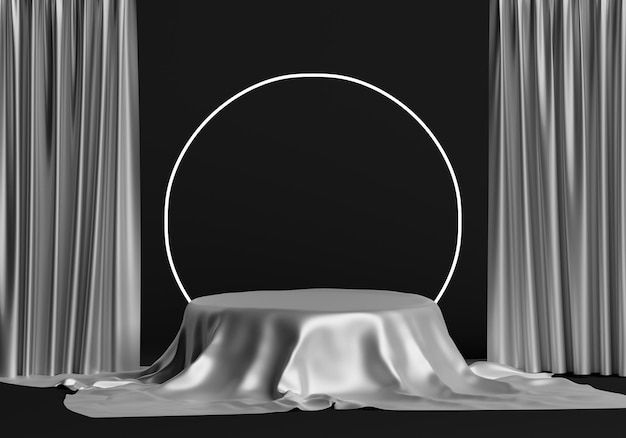 Exibição de pódio de produto redondo 3d coberto com dobras de cortinas de tecido de cor prata isoladas em branco bac