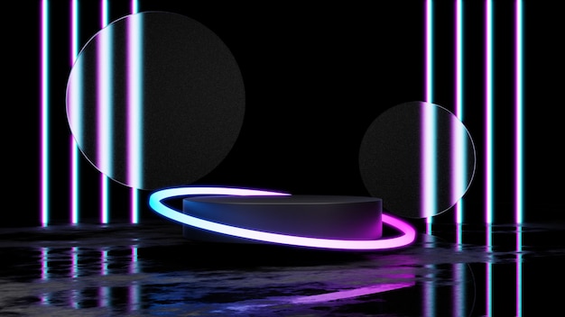 Exibição de pódio de renderização 3d com luz neon futurista, suporte de pedestal vazio para vitrine de produtos,