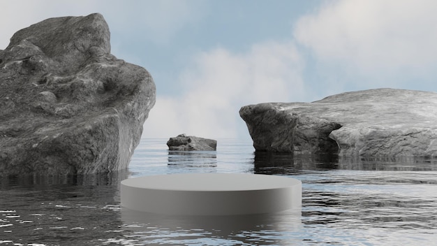 exibição de pódio natural na água com pedras, pedestal mínimo vazio para vitrine de produtos, renderização em 3D