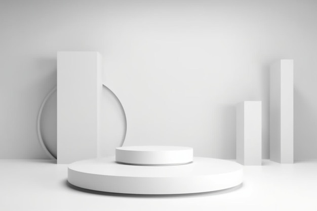 Exibição de pódio ou pedestal vazio em sala branca e fundo claro com conceito de estande futurista